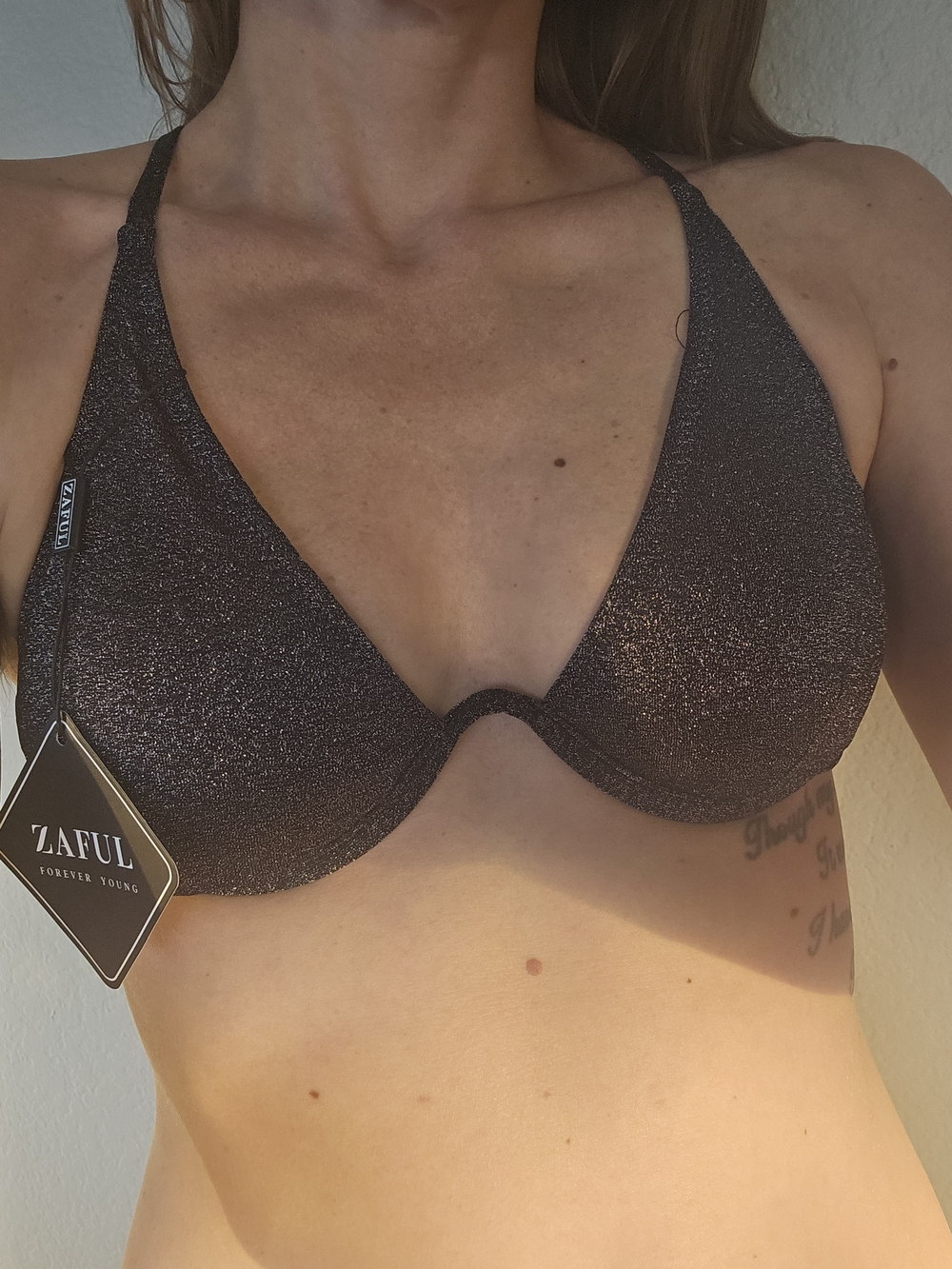 NWT Zaful Shimmery Black Triangle Bikini Top Wire Underwire